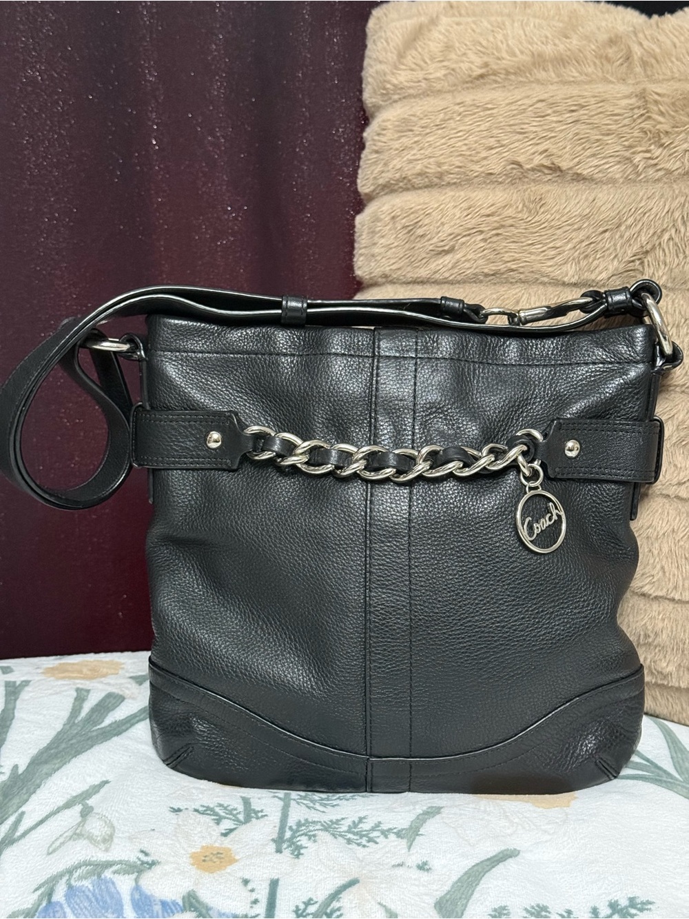 Coach Black Pebbled Leather Convertible Chain Duffle Crossbody Bag